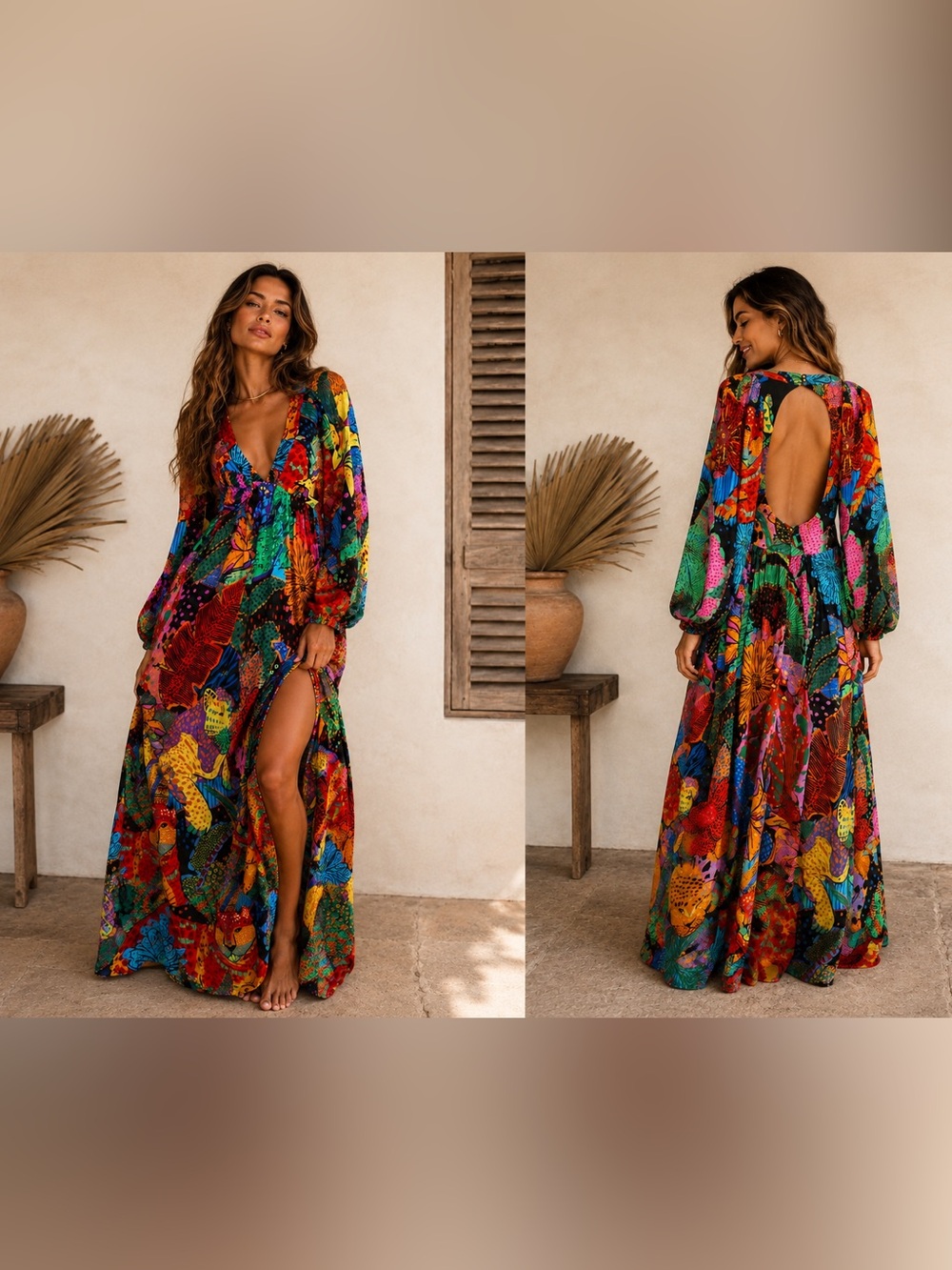 FARM Rio Jungle Animals Tapestry Maxi Dress Open Back Boho Tropical Resort Sz M